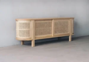 Bufet Meja TV Oval Sliding Door Kombinasi Rotan Nordic Style Jepara Mebel Store Jeparamebelstore.com