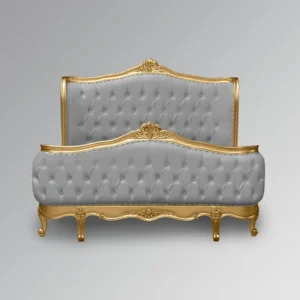 Tempat Tidur Ukir Mewah Camille Grey Velvet & Gold Toko Mebel Online Jepara Mebel Store www.jeparamebelstore.com